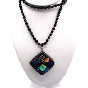 Dichroic Art Glass Modernist Pendant on Black Glass Beaded Chain, Beautiful Vint